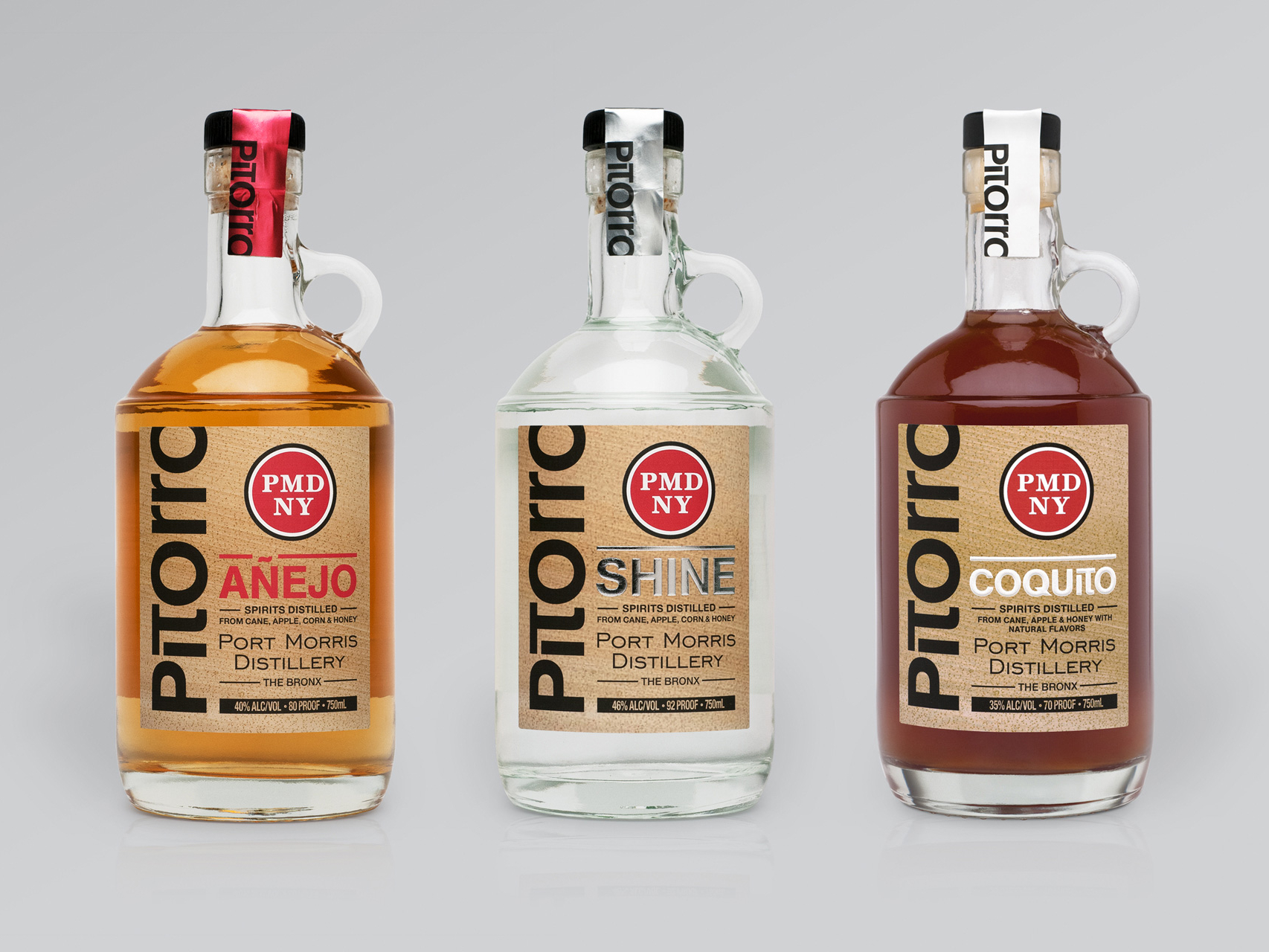 Port Morris Distillery Añejo, Shine and Coquito Bottles